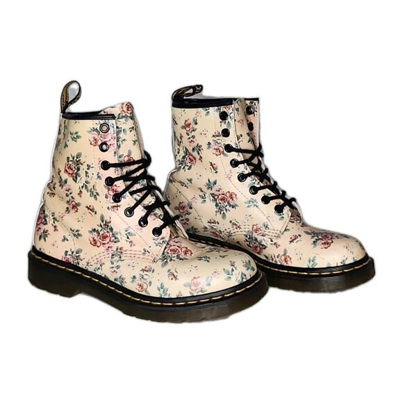 Dr Doc Martens cream Rose Floral Peach Boots 1460 Women’s Size US 6 - Picture 3 of 7